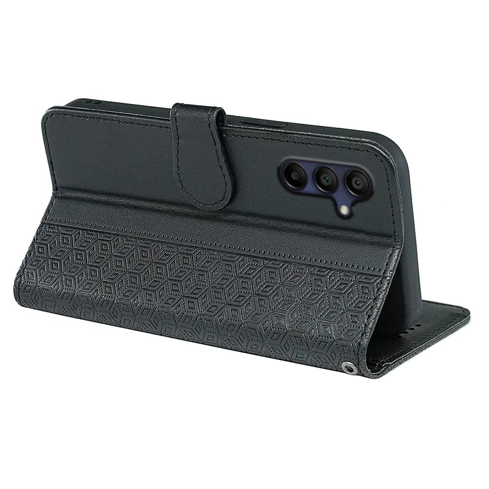 For Samsung Galaxy A16 5G Case Anti Scratch Splicing Imprinted Rhombus Leather Phone Cover - Black - 4