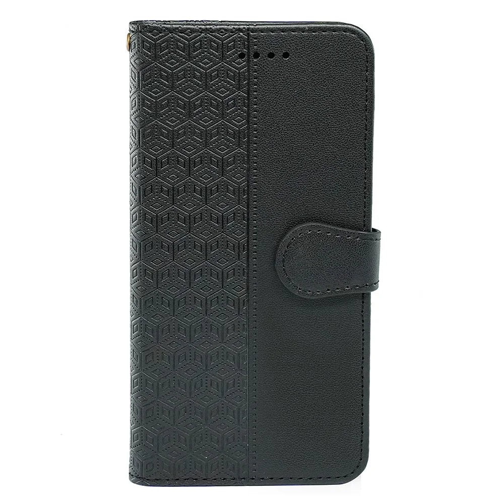 For Samsung Galaxy A16 5G Case Anti Scratch Splicing Imprinted Rhombus Leather Phone Cover - Black - 5