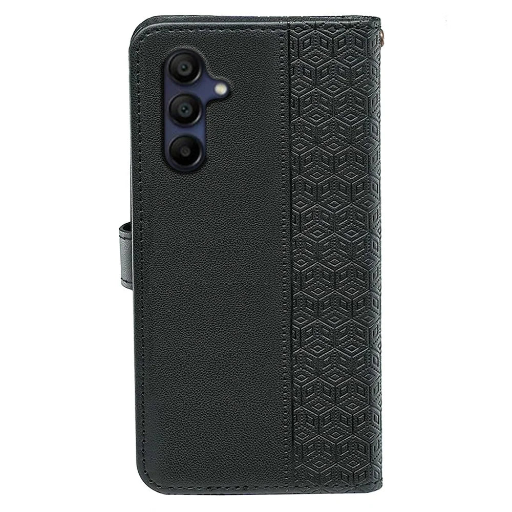 For Samsung Galaxy A16 5G Case Anti Scratch Splicing Imprinted Rhombus Leather Phone Cover - Black - 6