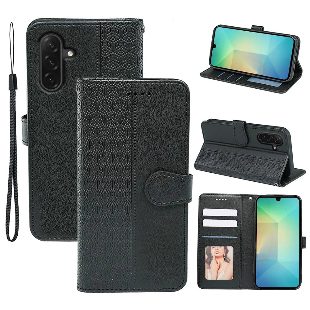 For Samsung Galaxy A26 5G Case Anti Scratch Splicing Imprinted Rhombus Leather Phone Cover - Black - 1