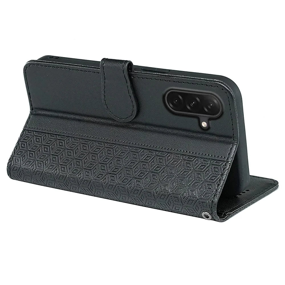 For Samsung Galaxy A26 5G Case Anti Scratch Splicing Imprinted Rhombus Leather Phone Cover - Black - 4