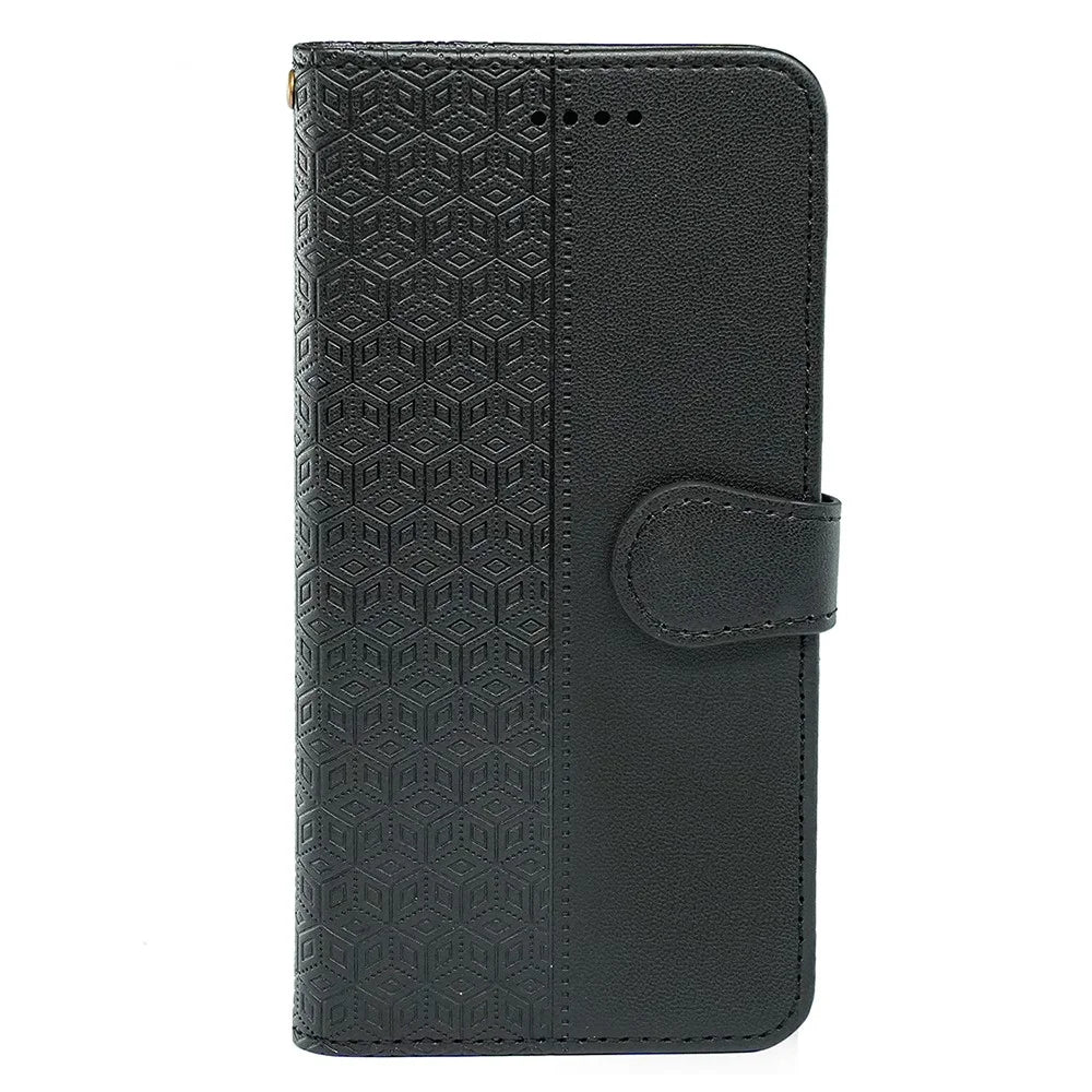 For Samsung Galaxy A26 5G Case Anti Scratch Splicing Imprinted Rhombus Leather Phone Cover - Black - 5