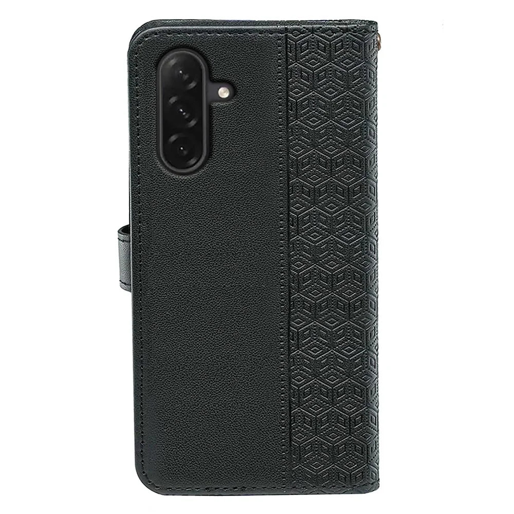 For Samsung Galaxy A26 5G Case Anti Scratch Splicing Imprinted Rhombus Leather Phone Cover - Black - 6