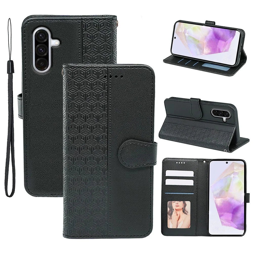 For Samsung Galaxy A36 5G Case Anti Scratch Splicing Imprinted Rhombus Leather Phone Cover - Black - 1