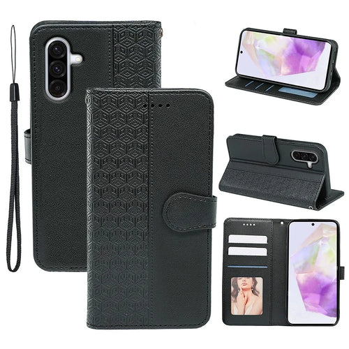 For Samsung Galaxy A36 5G Case Anti Scratch Splicing Imprinted Rhombus Leather Phone Cover - Black - 1
