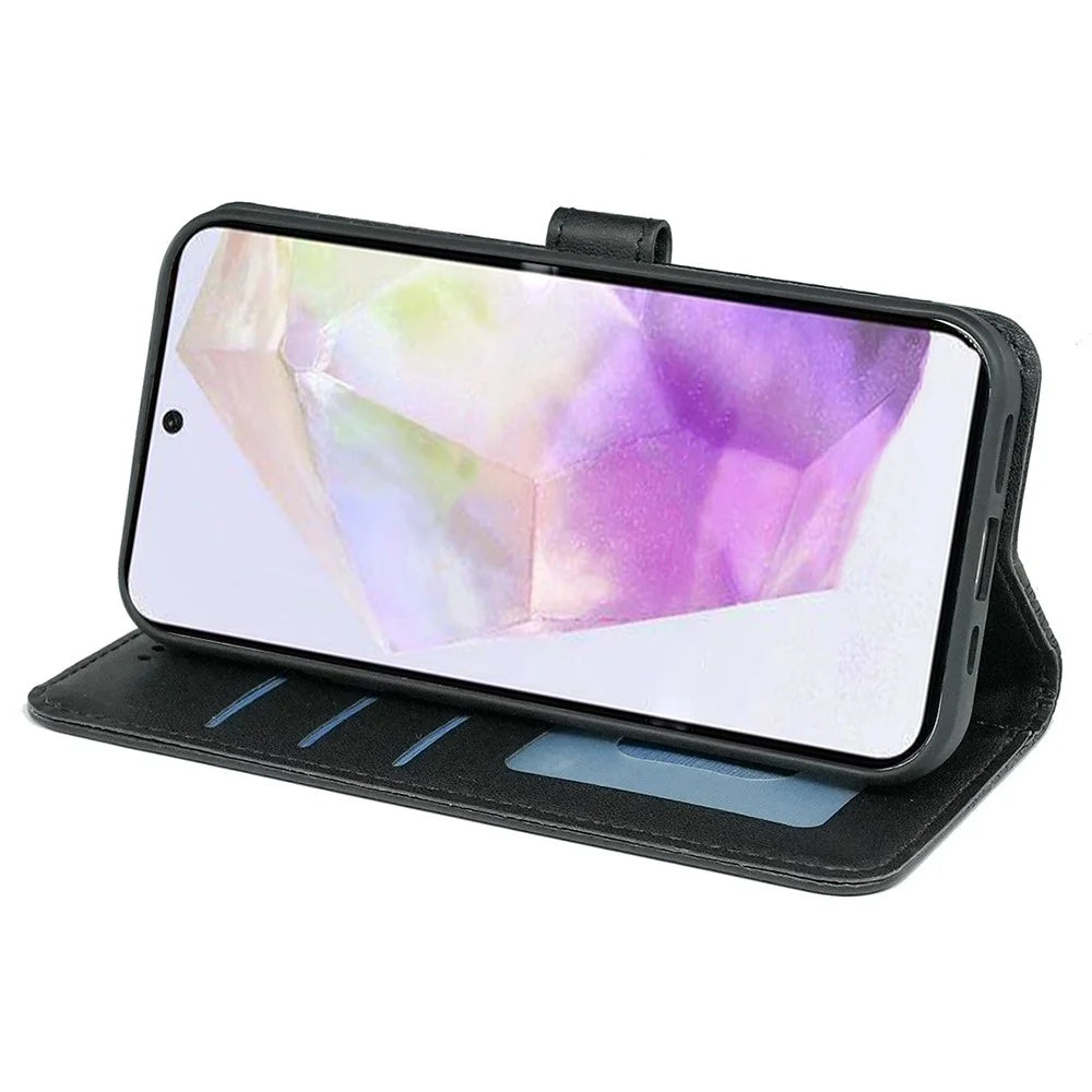 For Samsung Galaxy A36 5G Case Anti Scratch Splicing Imprinted Rhombus Leather Phone Cover - Black - 3