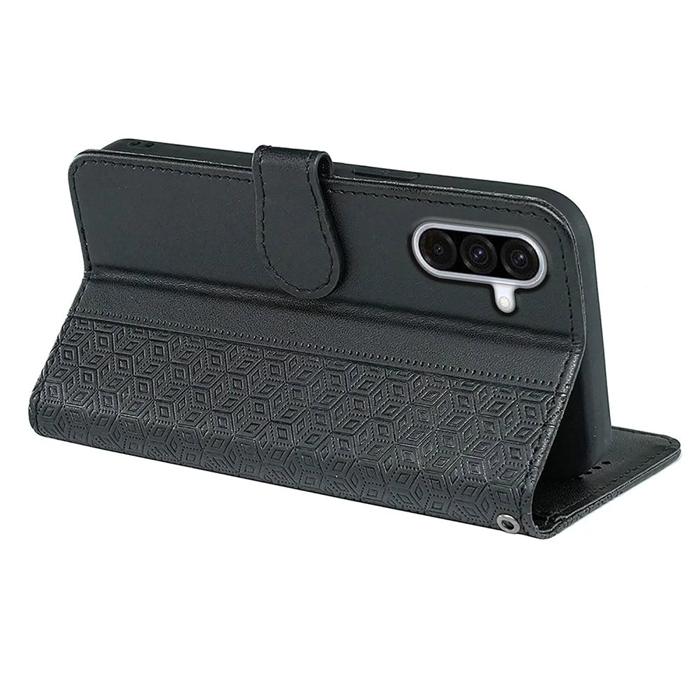 For Samsung Galaxy A36 5G Case Anti Scratch Splicing Imprinted Rhombus Leather Phone Cover - Black - 4