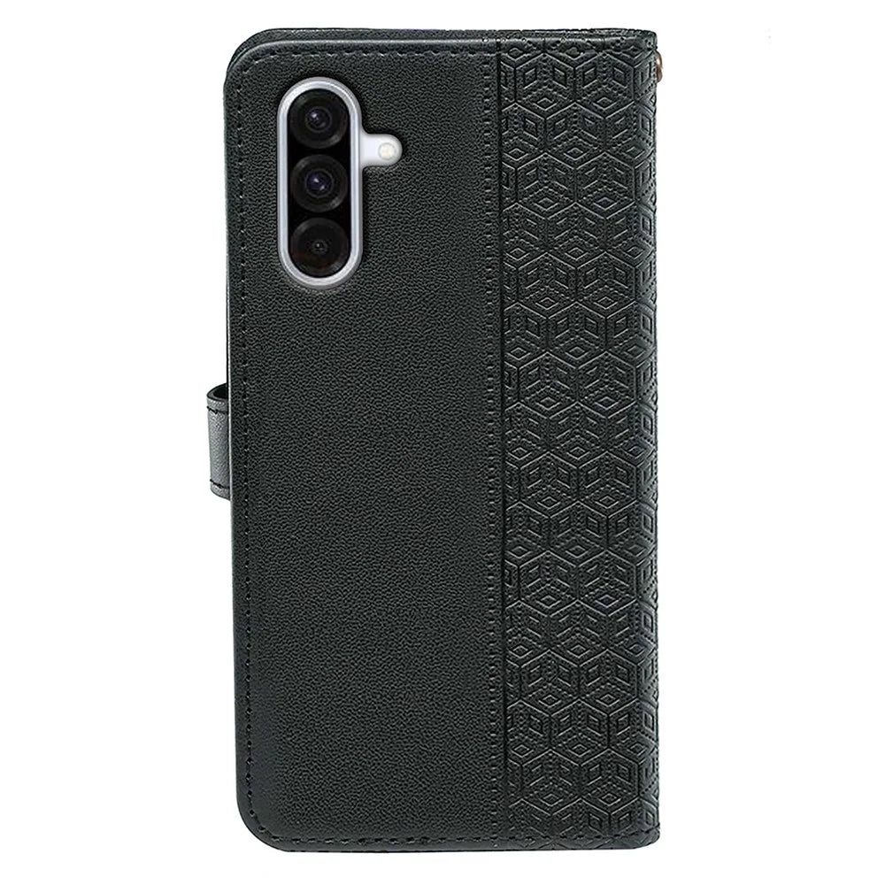 For Samsung Galaxy A36 5G Case Anti Scratch Splicing Imprinted Rhombus Leather Phone Cover - Black - 6