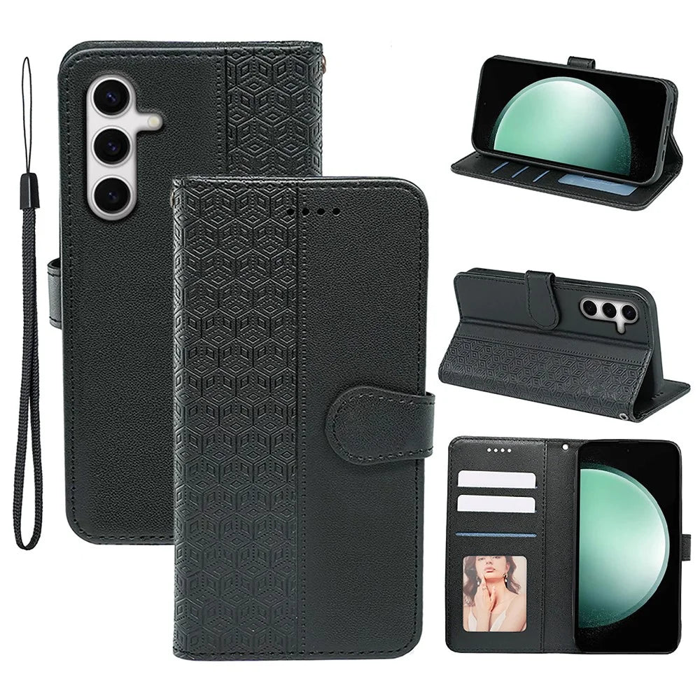 For Samsung Galaxy S24 FE Case Anti Scratch Splicing Imprinted Rhombus Leather Phone Cover - Black - 1