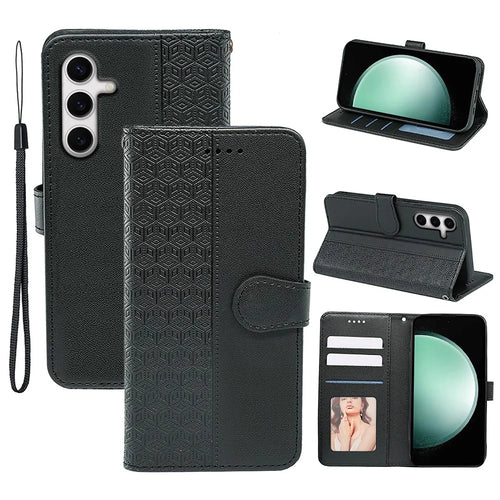 For Samsung Galaxy S24 FE Case Anti Scratch Splicing Imprinted Rhombus Leather Phone Cover - Black - 1