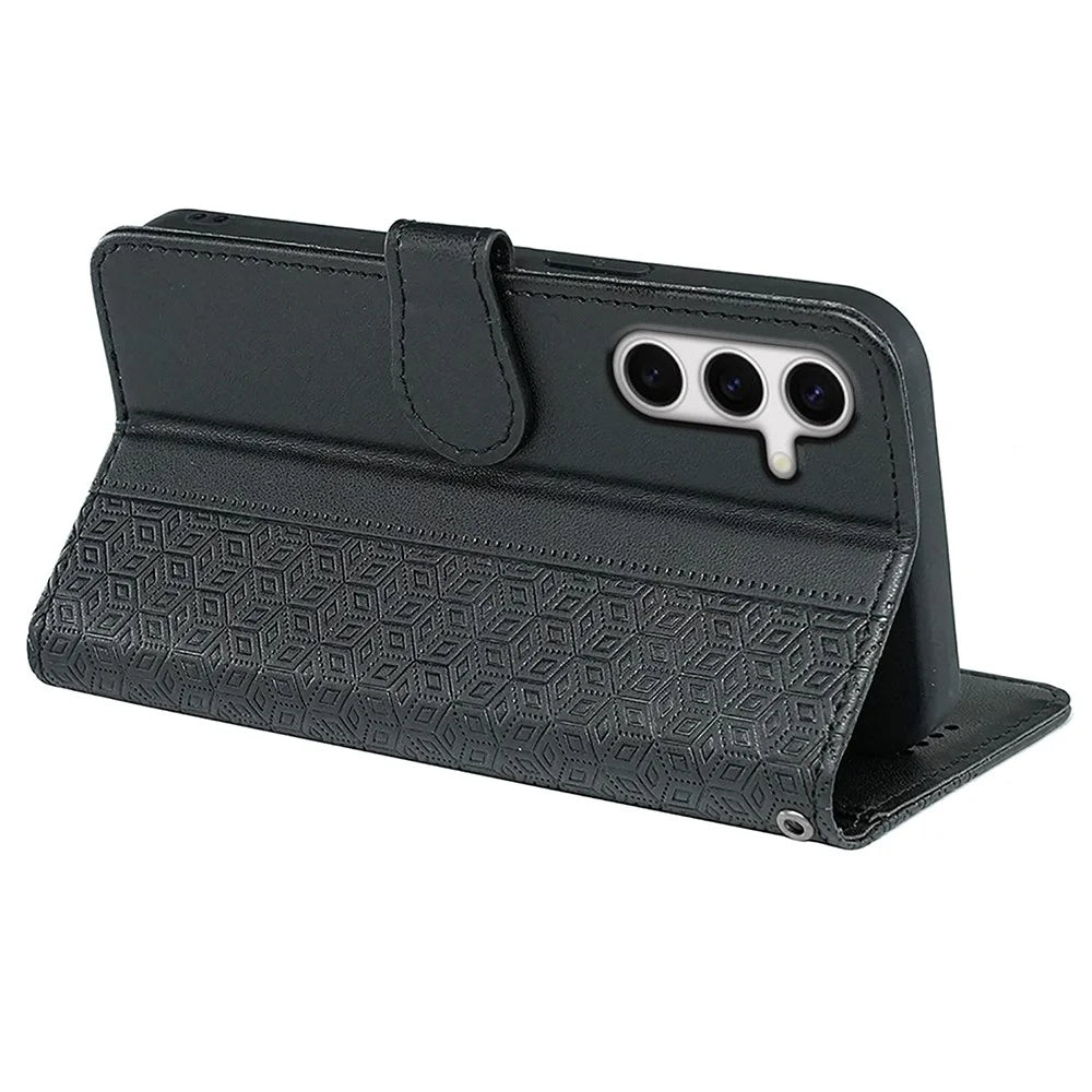 For Samsung Galaxy S24 FE Case Anti Scratch Splicing Imprinted Rhombus Leather Phone Cover - Black - 4