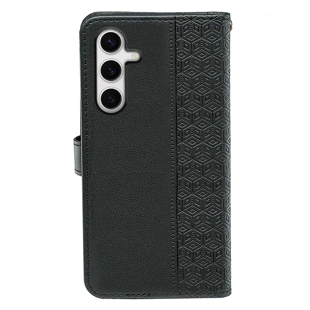 For Samsung Galaxy S24 FE Case Anti Scratch Splicing Imprinted Rhombus Leather Phone Cover - Black - 6