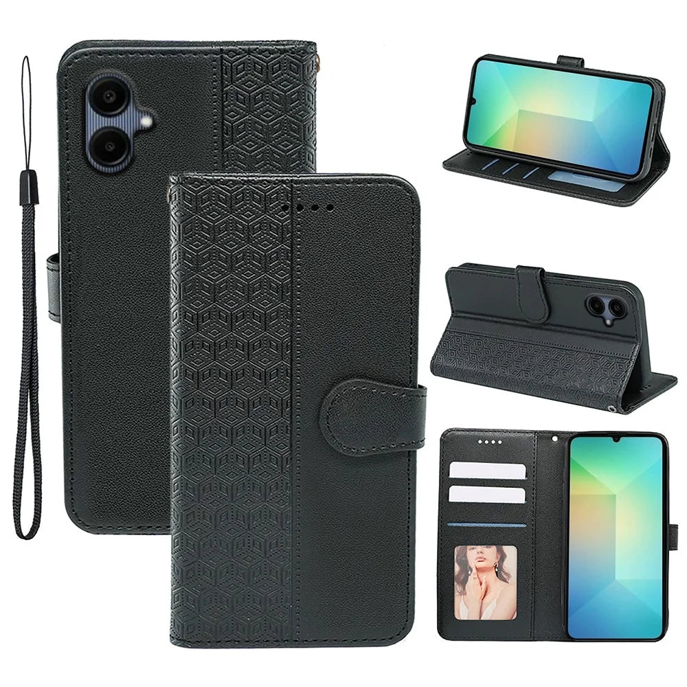 For Samsung Galaxy A06 4G Case Anti Scratch Splicing Imprinted Rhombus Leather Phone Cover - Black - 1