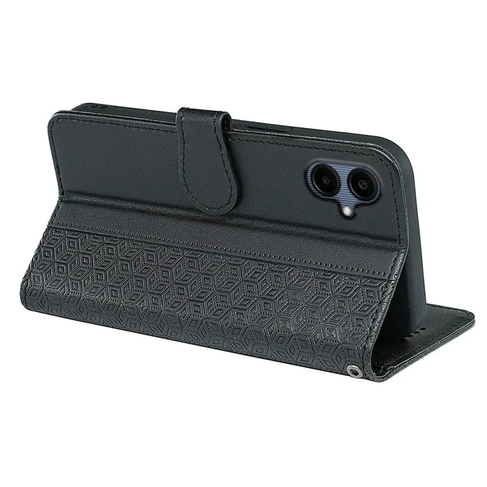 For Samsung Galaxy A06 4G Case Anti Scratch Splicing Imprinted Rhombus Leather Phone Cover - Black - 4