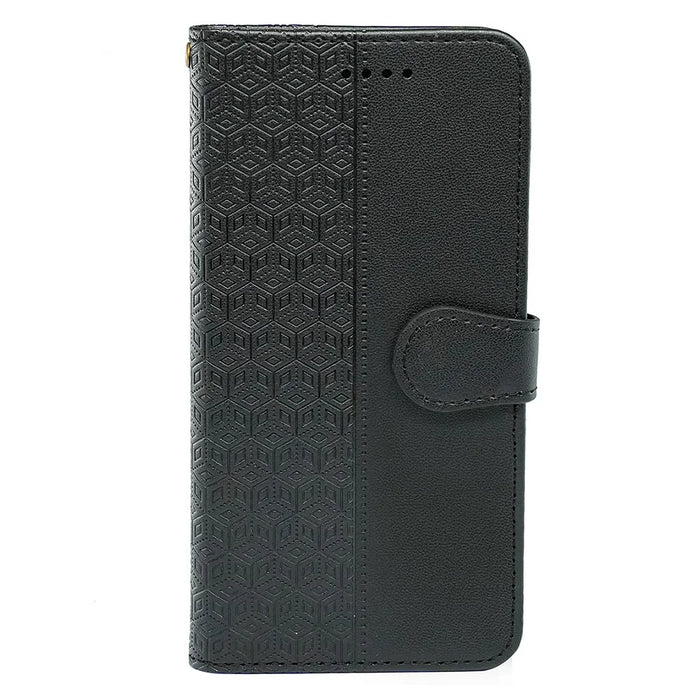 For Samsung Galaxy A06 4G Case Anti Scratch Splicing Imprinted Rhombus Leather Phone Cover - Black - 5
