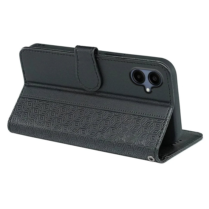 For Samsung Galaxy A06 5G Case Anti Scratch Splicing Imprinted Rhombus Leather Phone Cover - Black - 4