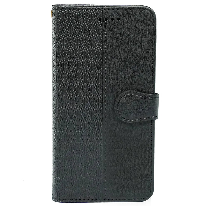 For Samsung Galaxy A06 5G Case Anti Scratch Splicing Imprinted Rhombus Leather Phone Cover - Black - 5