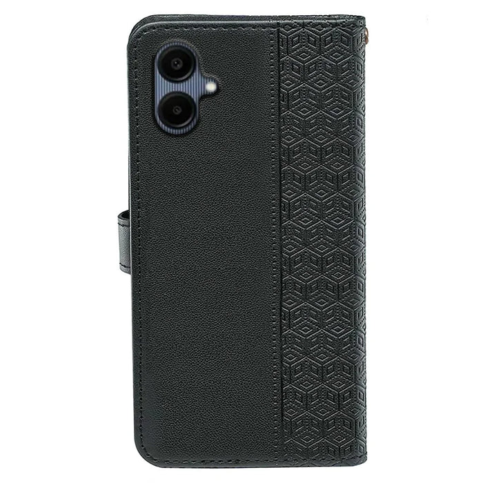 For Samsung Galaxy A06 5G Case Anti Scratch Splicing Imprinted Rhombus Leather Phone Cover - Black - 6