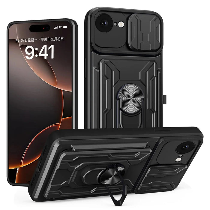 For iPhone 17e / 16e Case PC + TPU Kickstand Phone Back Cover with Camera Slider - Black - 1