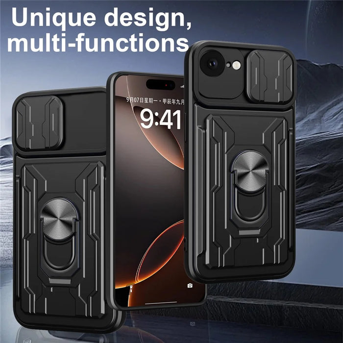 For iPhone 17e / 16e Case PC + TPU Kickstand Phone Back Cover with Camera Slider - Black - 2