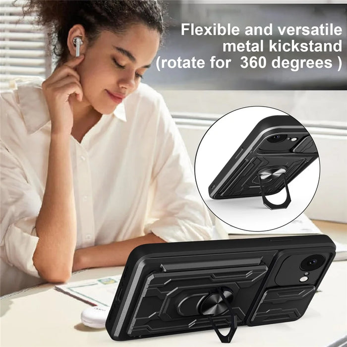 For iPhone 17e / 16e Case PC + TPU Kickstand Phone Back Cover with Camera Slider - Black - 3