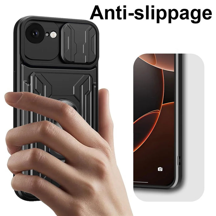 For iPhone 17e / 16e Case PC + TPU Kickstand Phone Back Cover with Camera Slider - Black - 5
