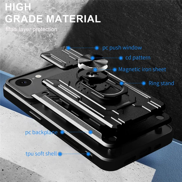 For iPhone 17e / 16e Case PC + TPU Kickstand Phone Back Cover with Camera Slider - Black - 6