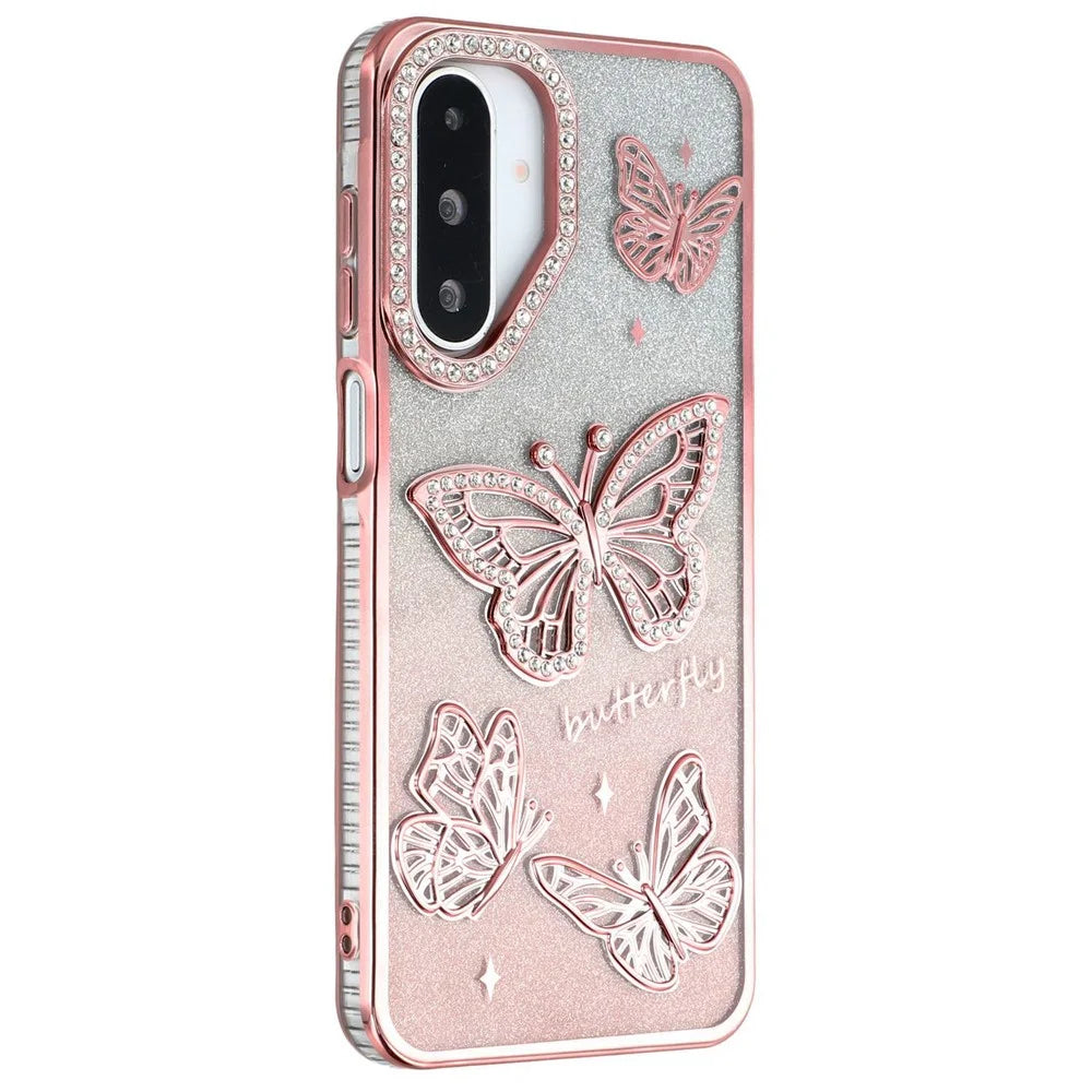 For Samsung Galaxy A26 5G Case Rhinestones Decor 3D Butterfly TPU Phone Cover with Glitter Paper - Pink - 1