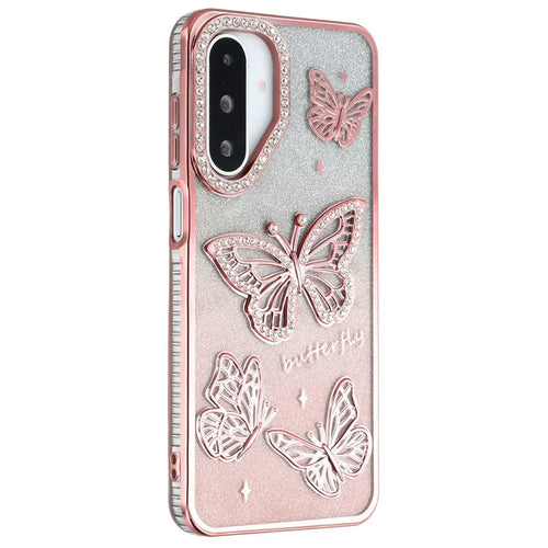 For Samsung Galaxy A26 5G Case Rhinestones Decor 3D Butterfly TPU Phone Cover with Glitter Paper - Pink - 1