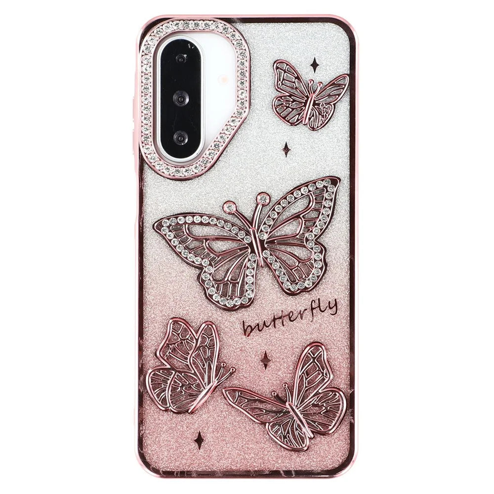 For Samsung Galaxy A26 5G Case Rhinestones Decor 3D Butterfly TPU Phone Cover with Glitter Paper - Pink - 3