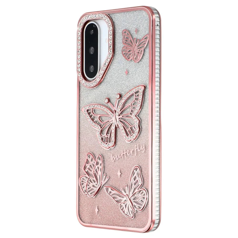 For Samsung Galaxy A26 5G Case Rhinestones Decor 3D Butterfly TPU Phone Cover with Glitter Paper - Pink - 4