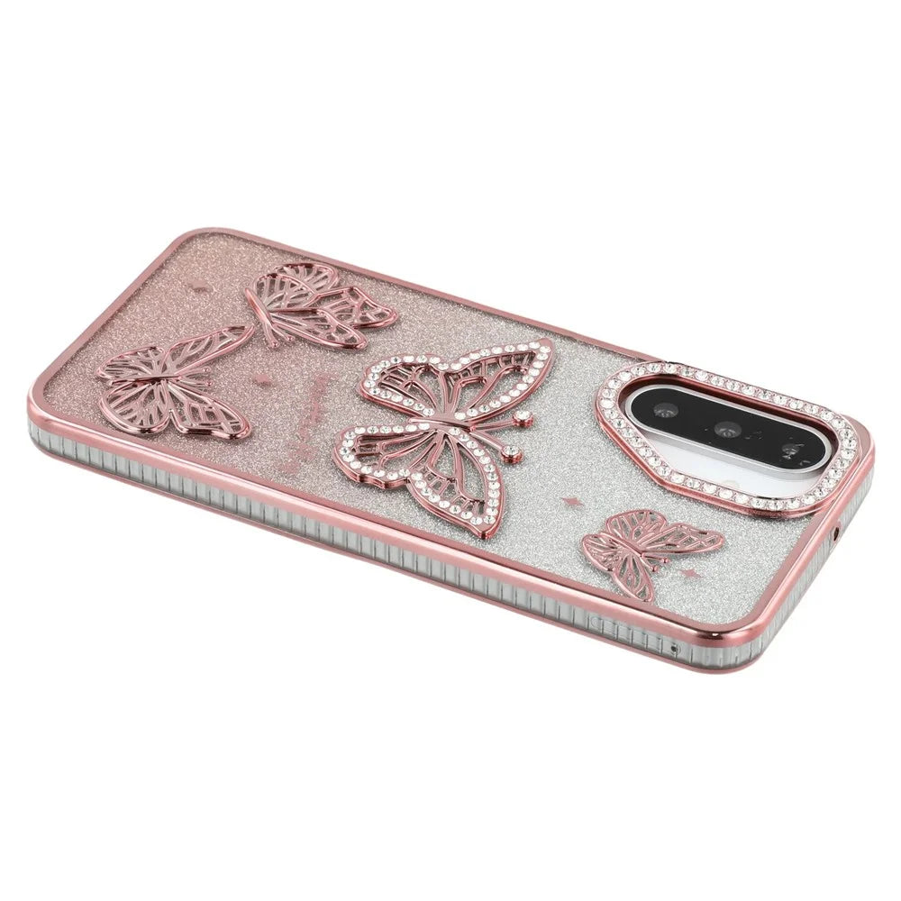 For Samsung Galaxy A26 5G Case Rhinestones Decor 3D Butterfly TPU Phone Cover with Glitter Paper - Pink - 5