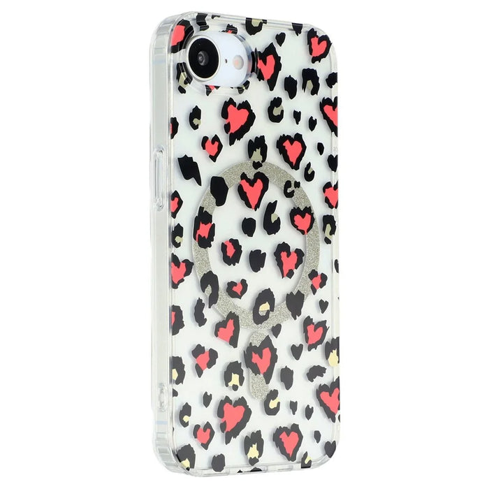For iPhone 17e / 16e Magnetic Case Clear Anti-Yellowing PC + TPU Phone Back Cover Leopard Print Design - Red - 1