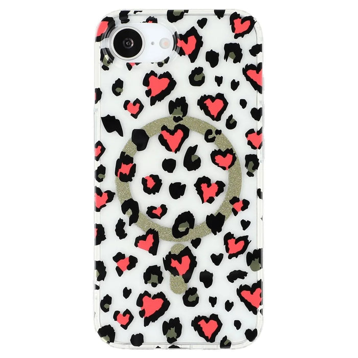For iPhone 17e / 16e Magnetic Case Clear Anti-Yellowing PC + TPU Phone Back Cover Leopard Print Design - Red - 3