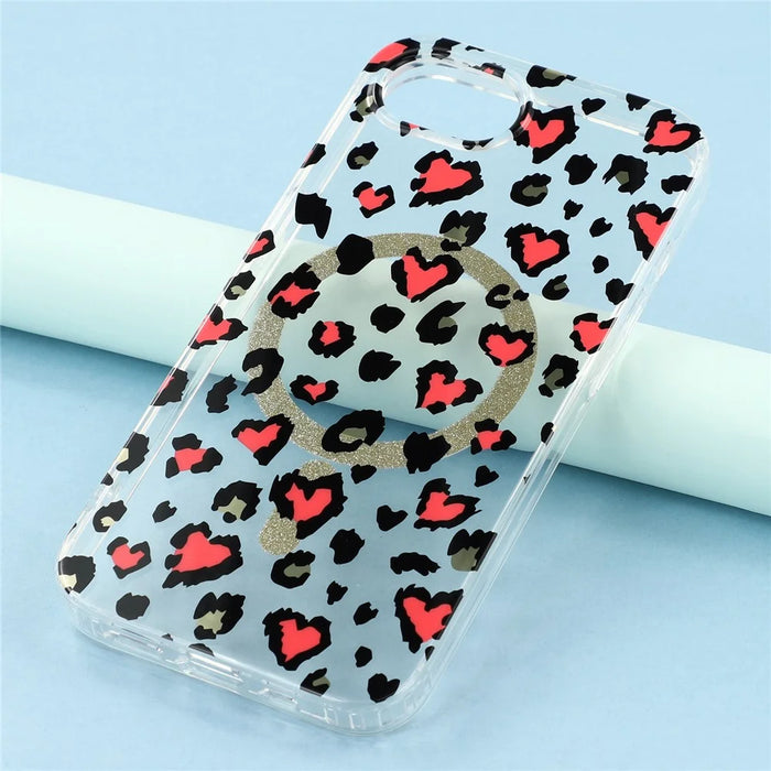 For iPhone 17e / 16e Magnetic Case Clear Anti-Yellowing PC + TPU Phone Back Cover Leopard Print Design - Red - 6