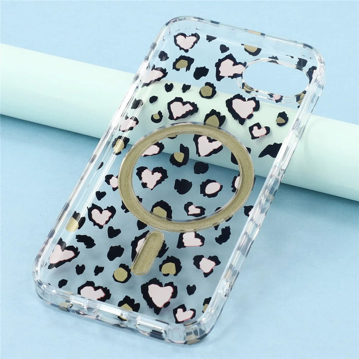 For iPhone 17e / 16e Magnetic Case Clear Anti-Yellowing PC + TPU Phone Back Cover Leopard Print Design - Red - 7