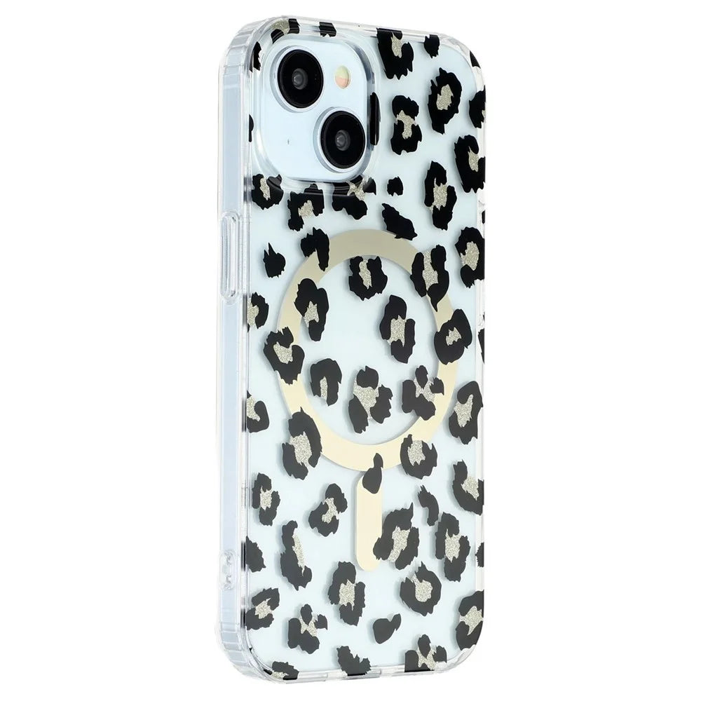 iPhone 15 Magnetic Case Leopard Print Design TPU PC Double Layer Electroplated Anti Yellow Shockproof Corner - 1