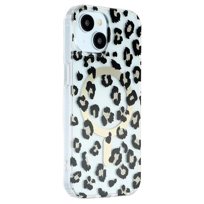 iPhone 15 Magnetic Case Leopard Print Design TPU PC Double Layer Electroplated Anti Yellow Shockproof Corner - 1