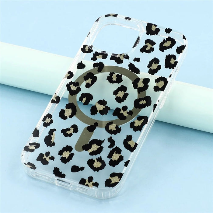 iPhone 15 Magnetic Case Leopard Print Design TPU PC Double Layer Electroplated Anti Yellow Shockproof Corner - 6