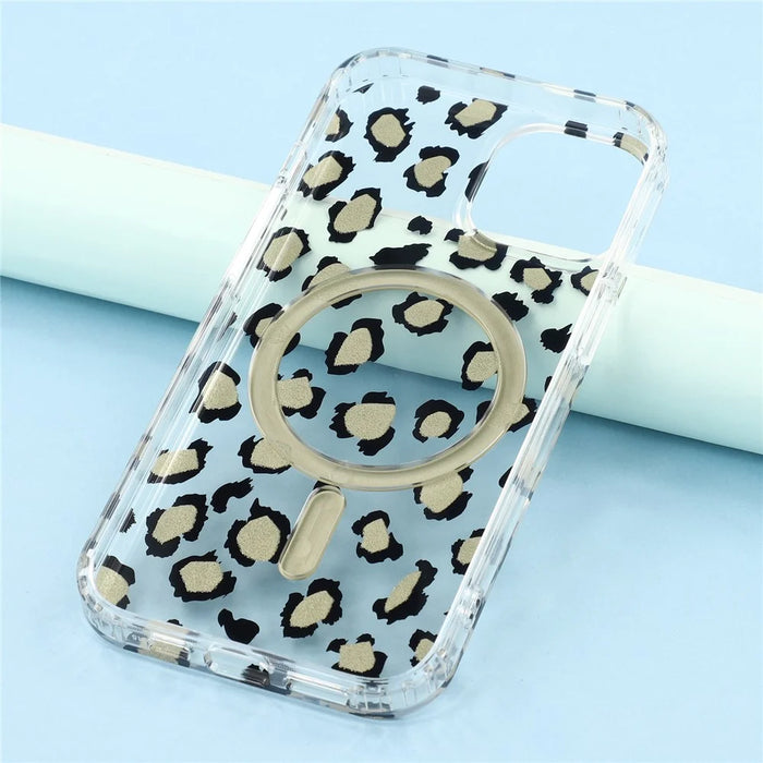 iPhone 15 Magnetic Case Leopard Print Design TPU PC Double Layer Electroplated Anti Yellow Shockproof Corner - 7