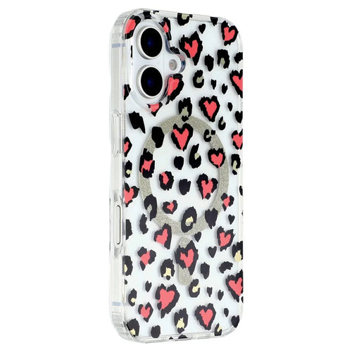 For iPhone 16 Magnetic Case Clear Anti-Yellowing PC + TPU Phone Back Cover Leopard Print Design - Red - 1