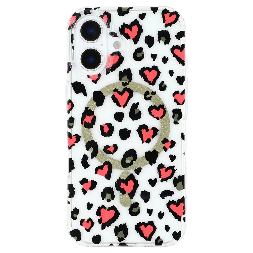 For iPhone 16 Magnetic Case Clear Anti-Yellowing PC + TPU Phone Back Cover Leopard Print Design - Red - 3