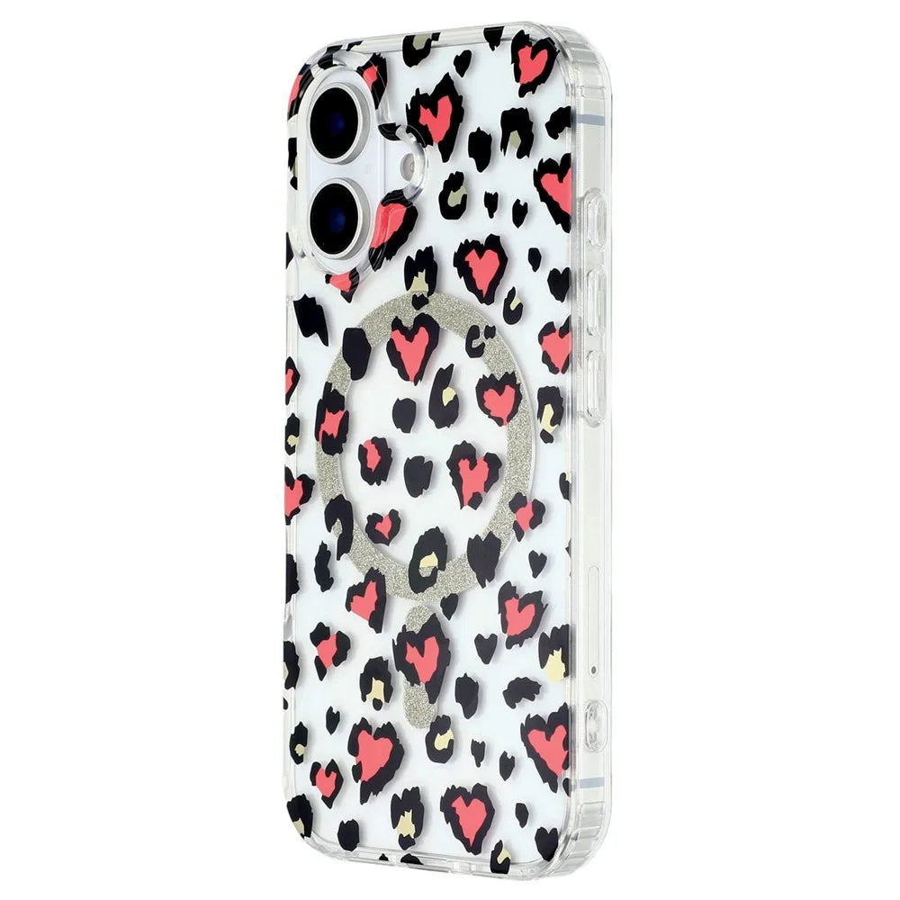 For iPhone 16 Magnetic Case Clear Anti-Yellowing PC + TPU Phone Back Cover Leopard Print Design - Red - 4
