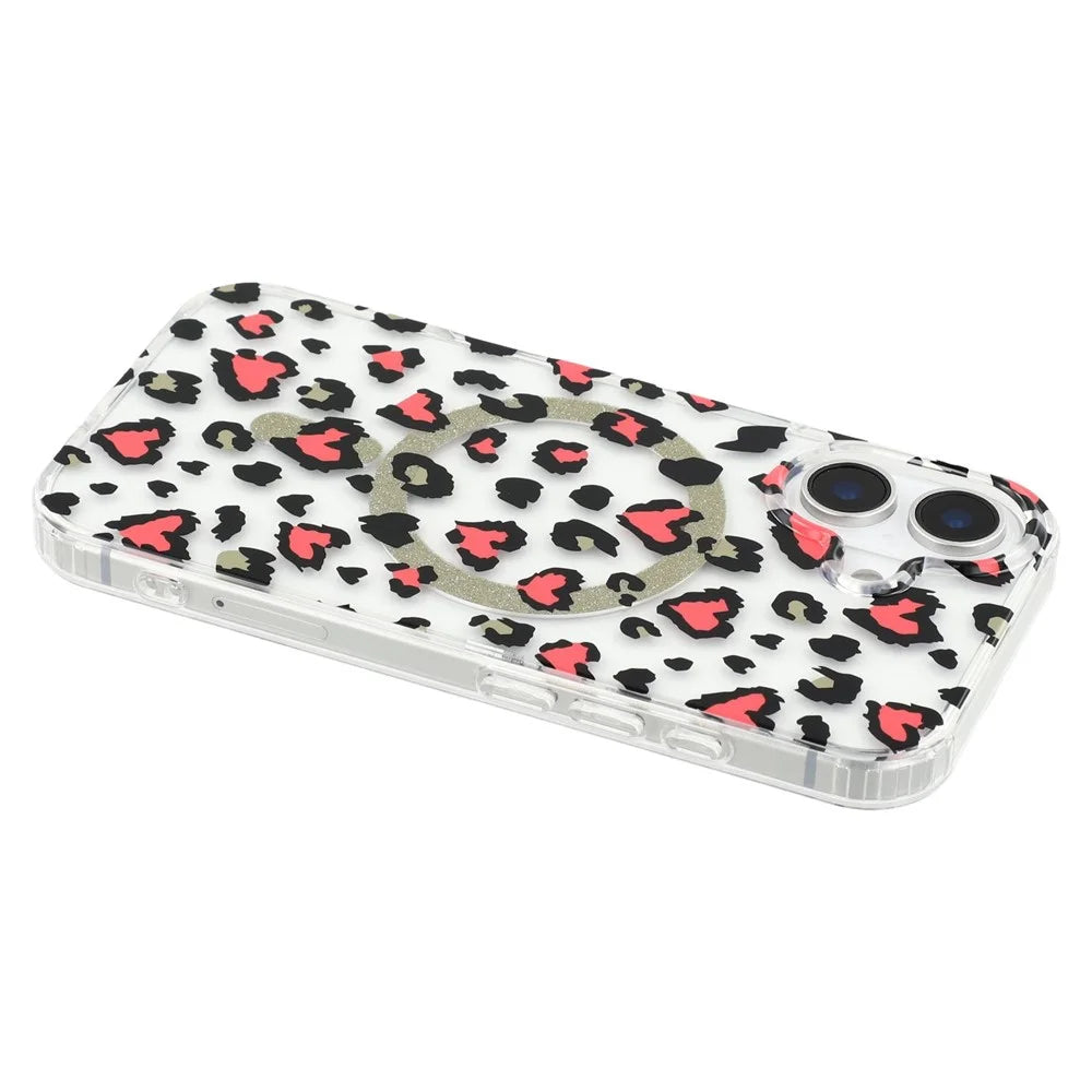For iPhone 16 Magnetic Case Clear Anti-Yellowing PC + TPU Phone Back Cover Leopard Print Design - Red - 5