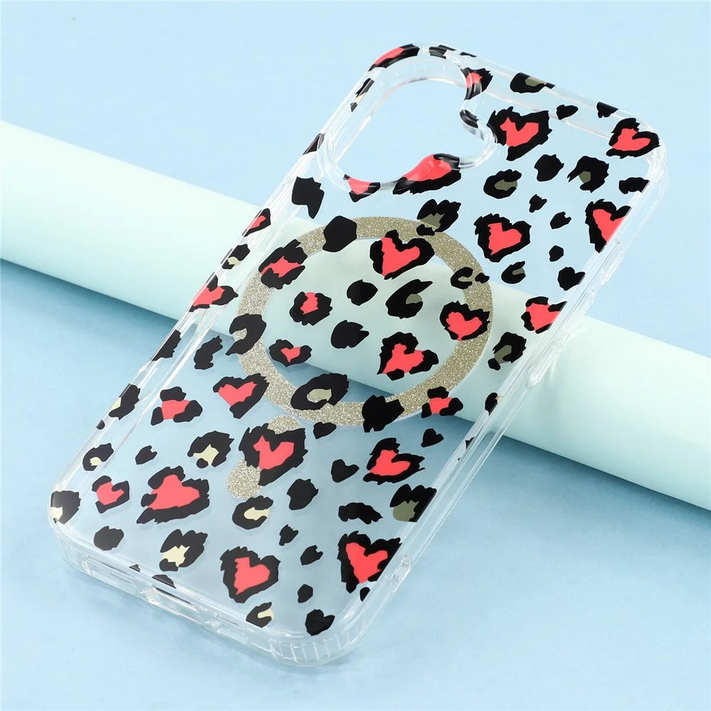 For iPhone 16 Magnetic Case Clear Anti-Yellowing PC + TPU Phone Back Cover Leopard Print Design - Red - 6