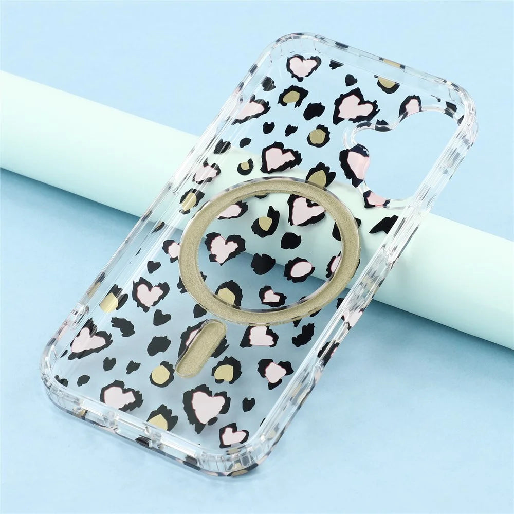 For iPhone 16 Magnetic Case Clear Anti-Yellowing PC + TPU Phone Back Cover Leopard Print Design - Red - 7