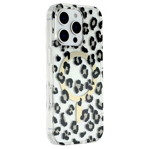 For iPhone 16 Pro Max Magnetic Case Clear Anti-Yellowing PC + TPU Phone Back Cover Leopard Print Design - Black - 1