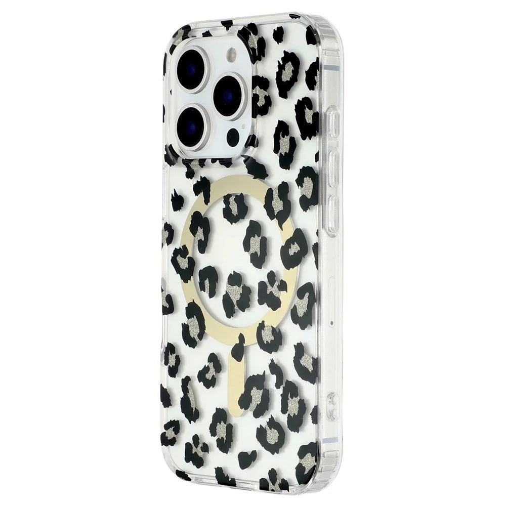 For iPhone 16 Pro Max Magnetic Case Clear Anti-Yellowing PC + TPU Phone Back Cover Leopard Print Design - Black - 4
