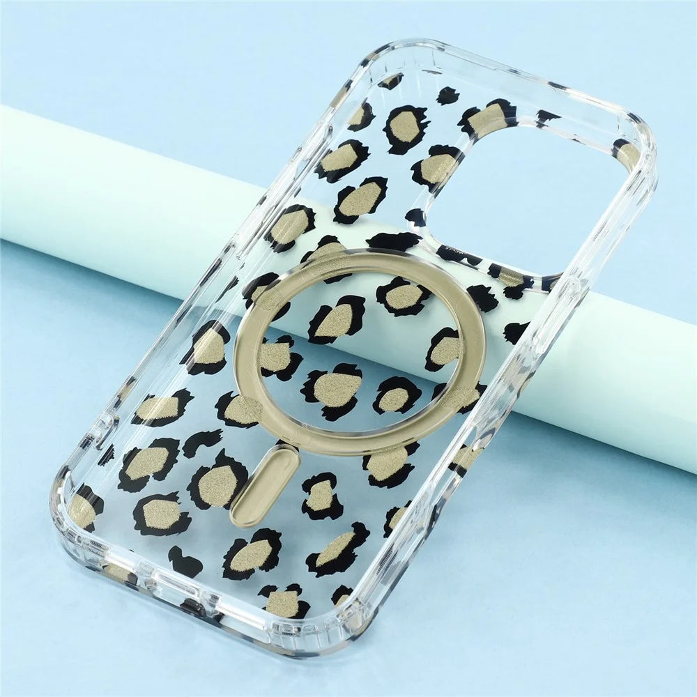 For iPhone 16 Pro Max Magnetic Case Clear Anti-Yellowing PC + TPU Phone Back Cover Leopard Print Design - Black - 7