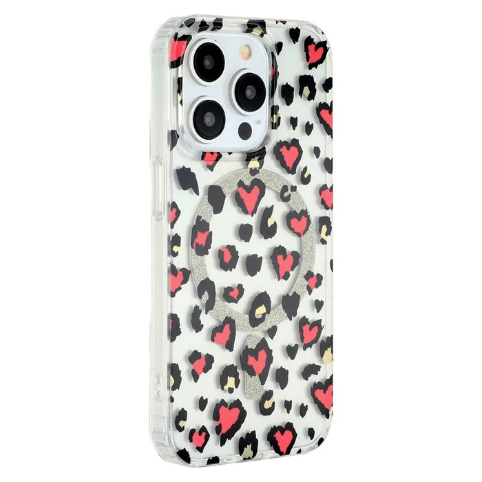 For iPhone 15 Pro Max Magnetic Case Clear Anti-Yellowing PC + TPU Phone Back Cover Leopard Print Design - Red - 1